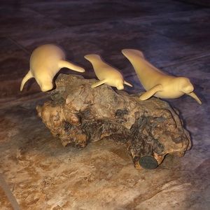 Rare Vintage John Perry Manatee Family with calf on Burl Wood Sculpture